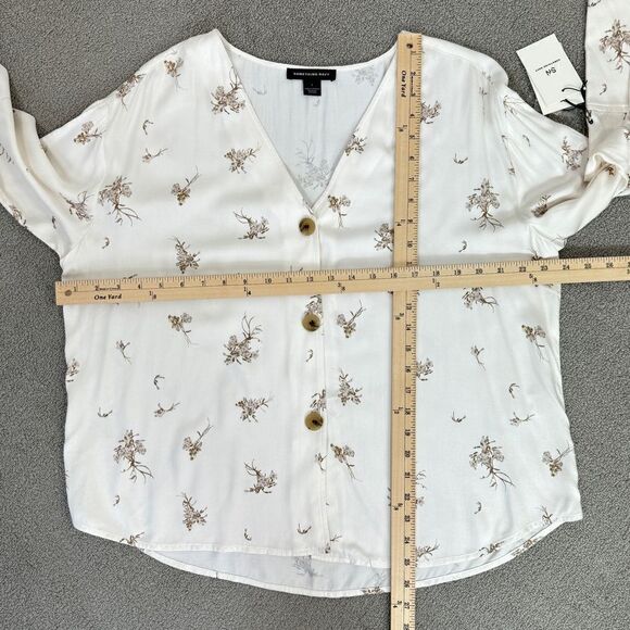 Something Navy Floral Exaggerated Cuff Button Front Shirt Ivory Tan Large - Picture 14 of 15